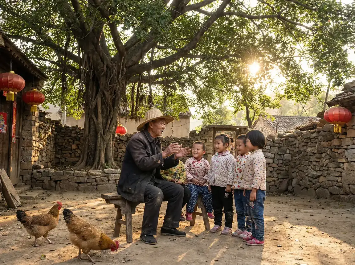 老人在大榕树下给孩子们讲故事 - 地铁跑酷任务 乡村记忆